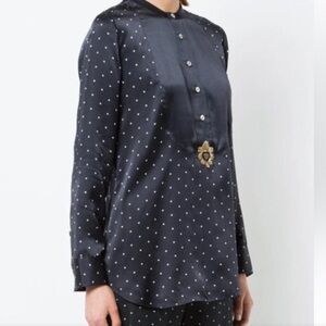 Figue Milagro Silk Tux Top Long Sleeve Dot Print Top Gold Accent Tunic